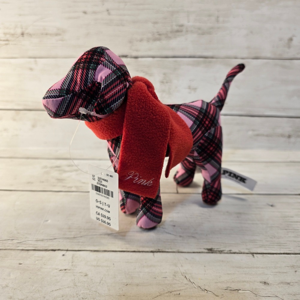 NWT Victorias Secret PINK Plaid Plush Dog Red Scarf Collectible Mascot 11274965